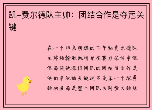凯-费尔德队主帅：团结合作是夺冠关键