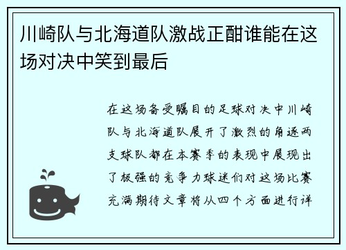 川崎队与北海道队激战正酣谁能在这场对决中笑到最后