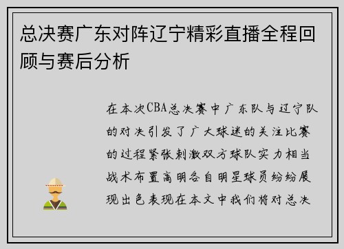 总决赛广东对阵辽宁精彩直播全程回顾与赛后分析